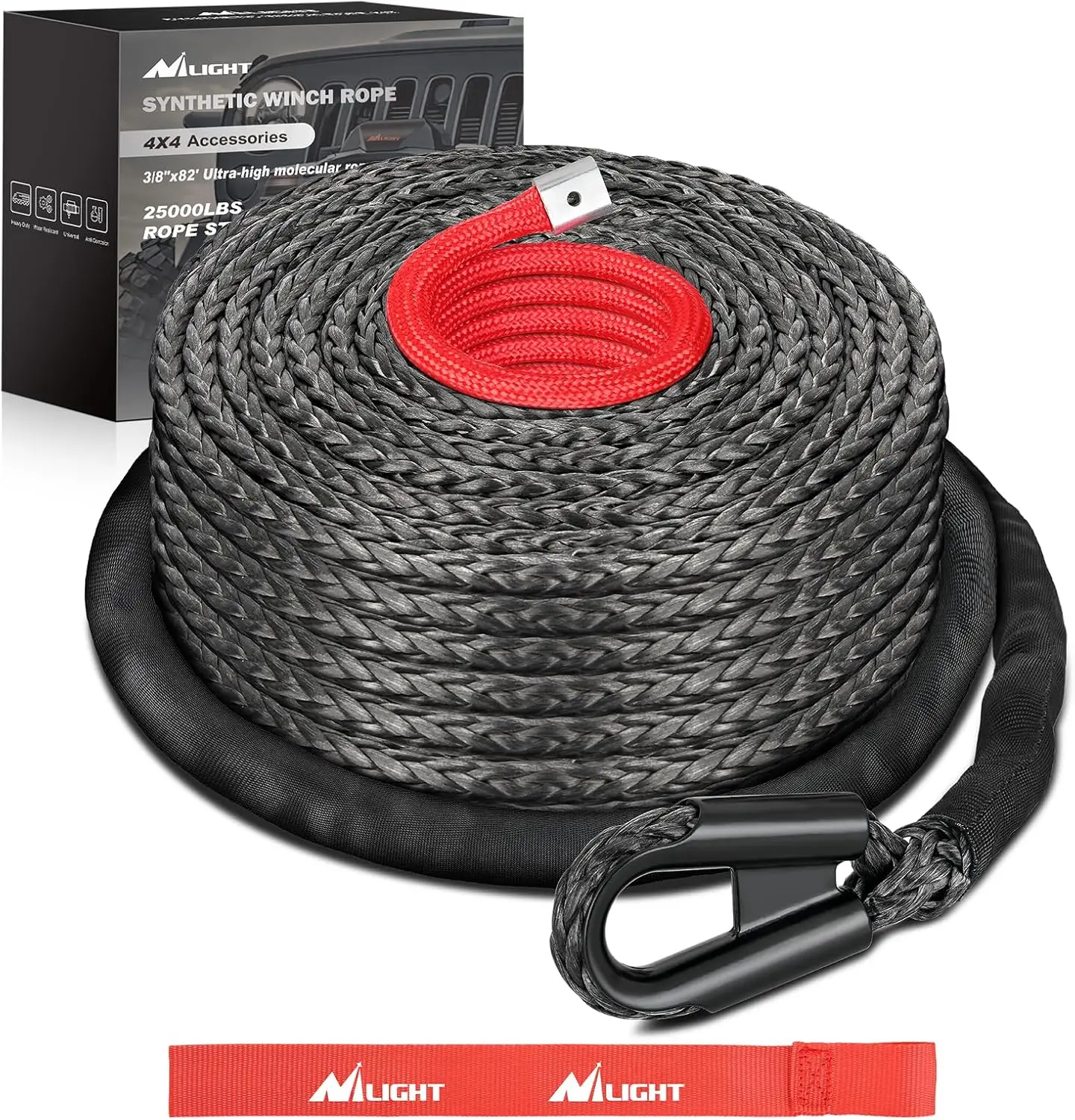 Synthetic Winch Rope 3/8 Inch x 82 FT 25000 lbs for ATV UTV Jeep Truck Off-Road Vehicle with Red Jacket and Protective Sleeve
