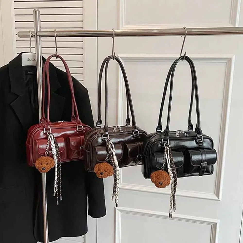 

Retro Korean Style PU Bowling Bag Handbag Solid Color Pocket Boston Tote Bag French Style Minority Design Underarm Bag Outdoor