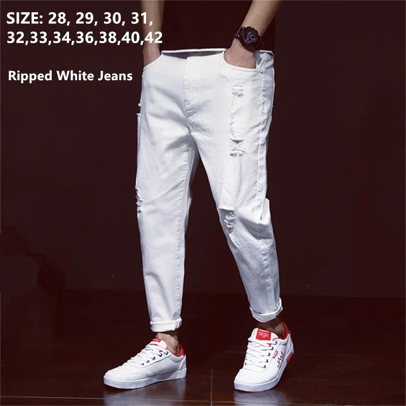 Size 28-42 Men Ripped Jeans Spring Summer Autumn Fashion Casual Hole Slim Fit Skinny Stretch Long Denim Pants Streetwear