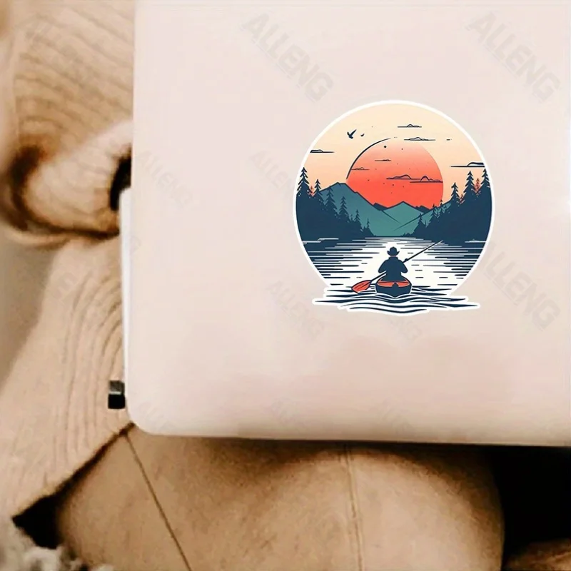 1pc Sunset Mountain Kayak Fishing Nature Waterproof Vinyl Sticker Outdoor Adventure Decal for Car Laptop Decor
