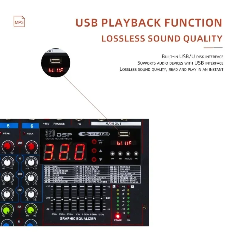 

LXR12 12-Channel Bluetooth Digital Microphone Sound Mixer Console Professional Karaoke Audio Mixer Amplifier with USB