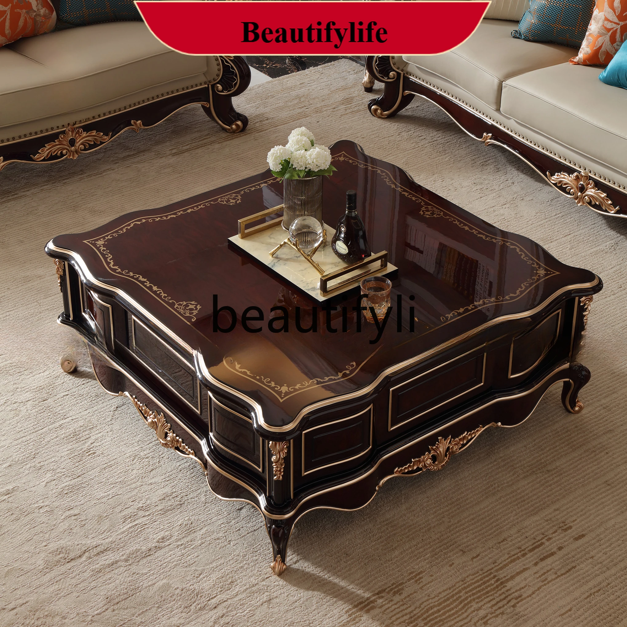 

French neoclassical luxury European living room solid wood carving flower coffee table G1218