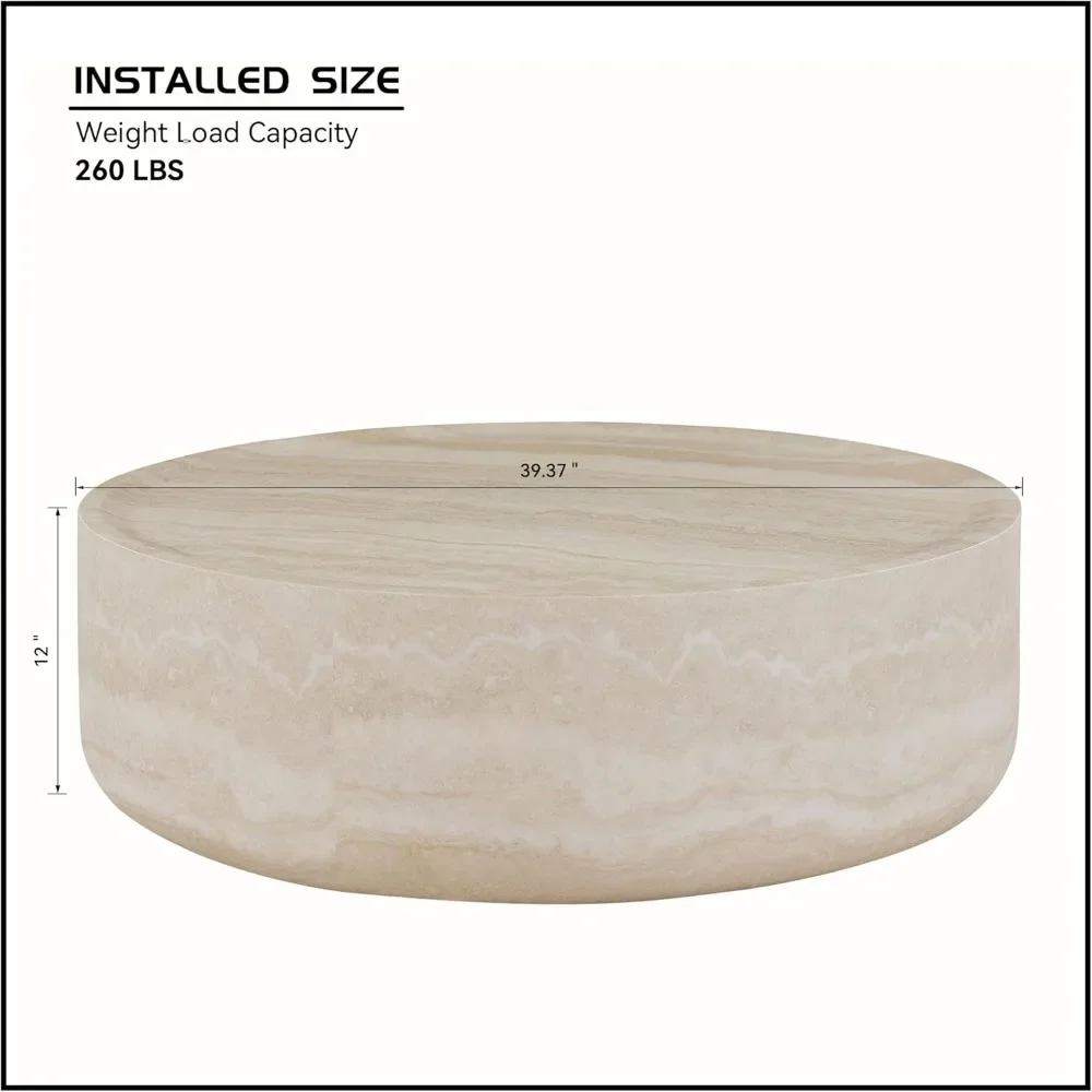39.37” Round Coffee Table ,Travertine Textured Tables Fiberglass Center Side Tables for Living Room Office, Coffee Table