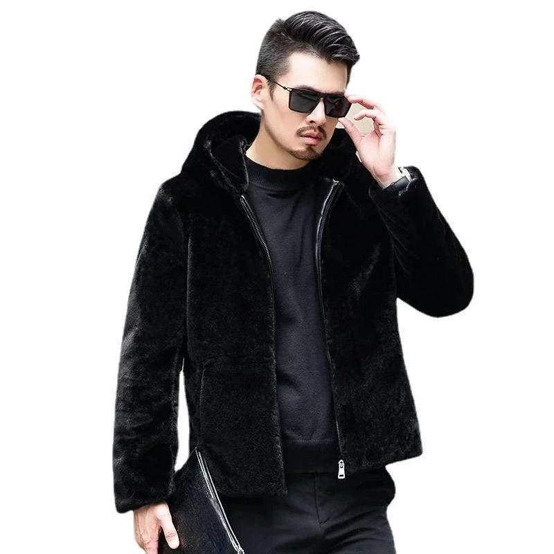 Herren-Winter-Kunstpelzmantel, schwarze Kapuze, Kunstpelzjacke, übergroße, warme, flauschige Windjacke, Jungen-Reißverschluss-Obermantel, Herren-Oberbekleidung