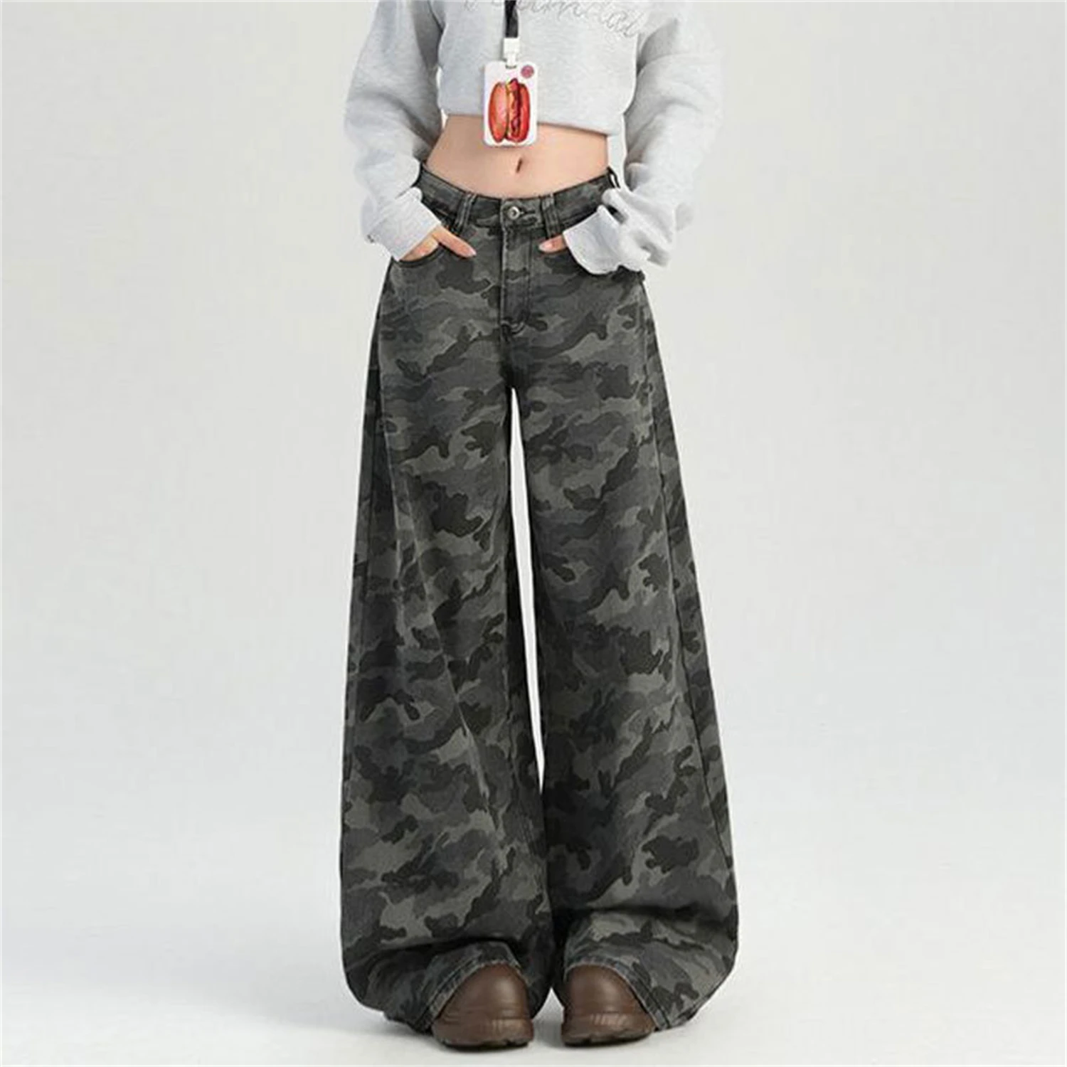Y2K Women's Camouflage Print Jeans Fashionable Baggy Wide Leg Pants High Waist Loose Fit Streetwear Trousers
