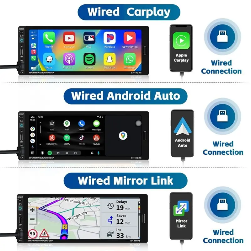 Excellent-6.9 Inch Car Stereo Single Din Car Radio Carplay Android Auto, HD Touch Screen Car Radio Bluetooth Mirror Link FM EQ S