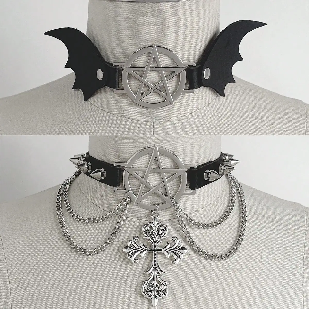 HERSHINE 2-piece Halloween theme collar cross pentagram wings accessories Y2K Gothic style Halloween cosplay accessories
