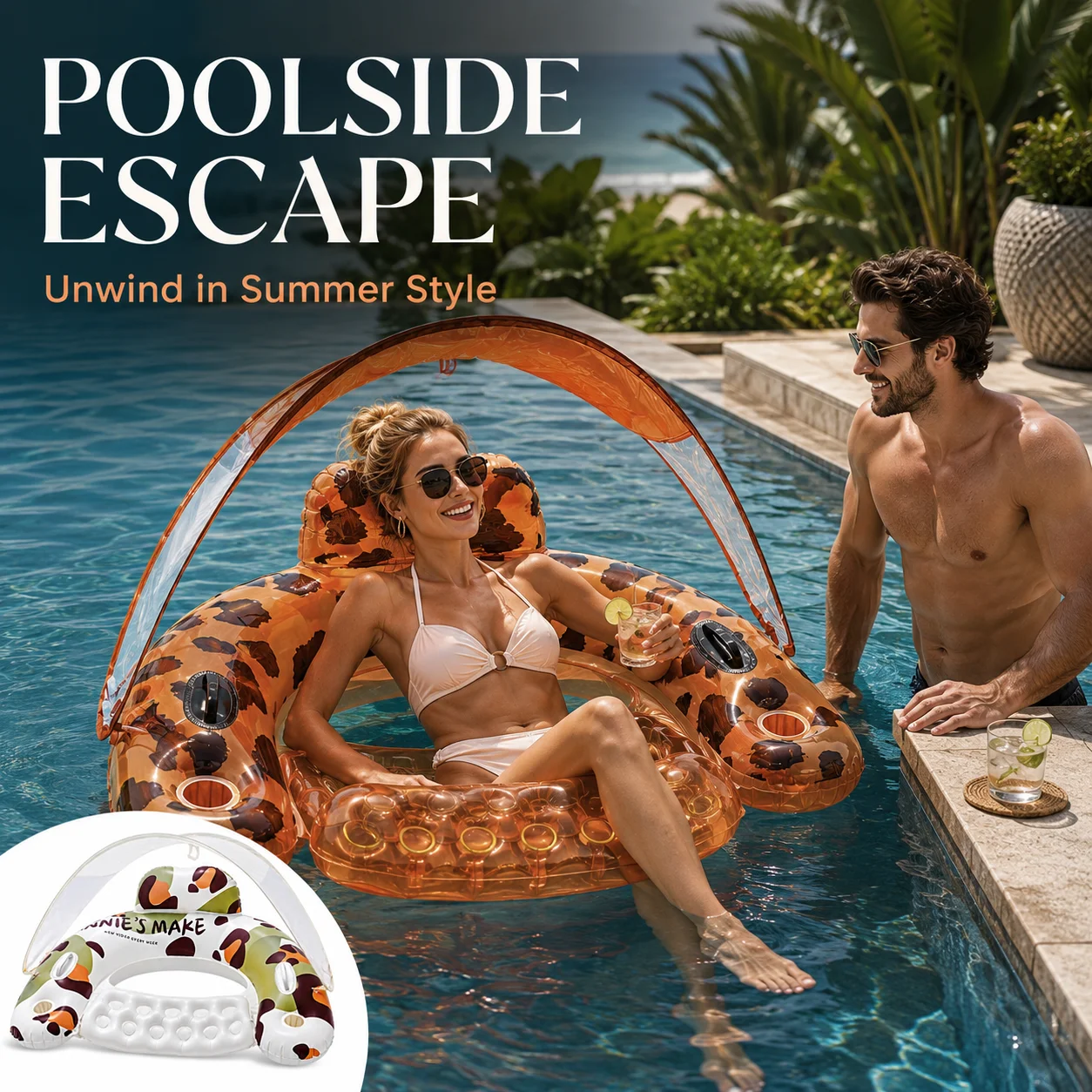 Inflatable Pool Float with Canopy for Adults, Leopard Print Lounger Chair with Cup Holder Backrest, Sunshade for Pool Lake Beach