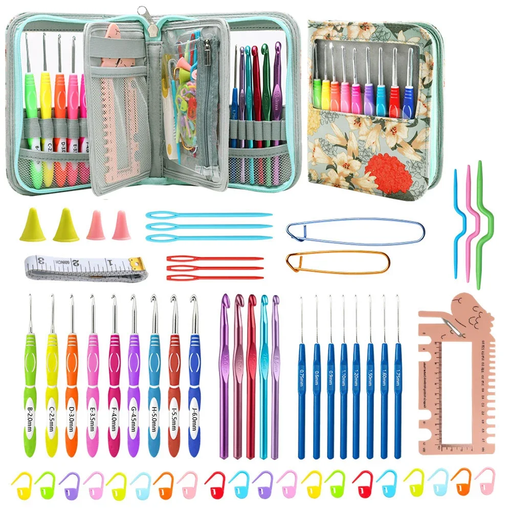 Aluminum Knitting Needles Set TPR Soft Handle Crochet Hooks Needles Comfortable Grip with Storage Bag for Sewing Weave Tool