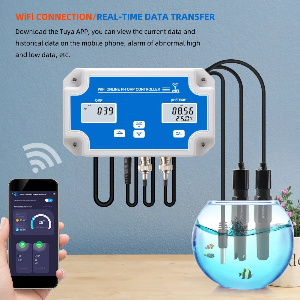 ABFKW W2839 3-In-1 WiFi Water Quality Detector PH/ORP/TEMP Electrode BNC Type Probe for Aquarium Hydroponics Monitor EU Plug