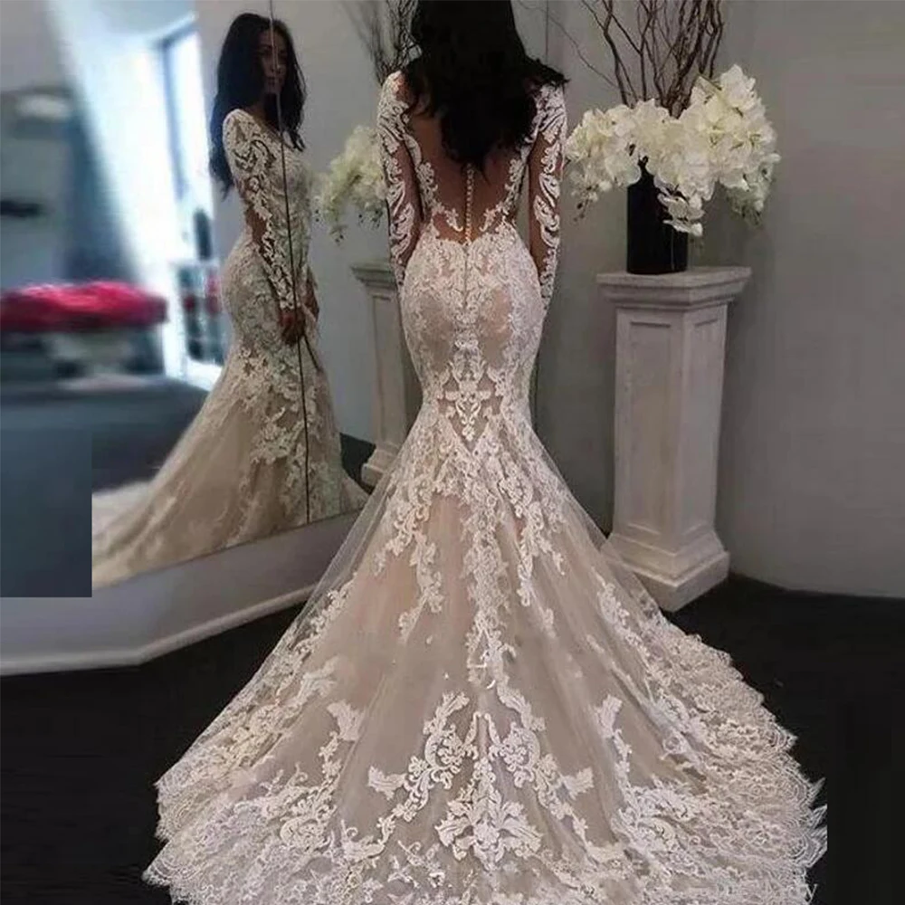 

Elegant White Illusion Long Sleeves Lace Mermaid Wedding Dresses Tulle Appliques Romantic Wedding Bridal Gowns With Buttons