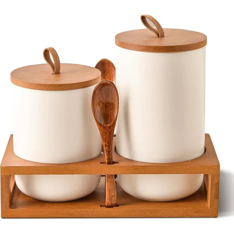 white ceramic sealed jar two-piece set with bamboo cover wooden frame spoon large capacity kitchen seasoning salt jar