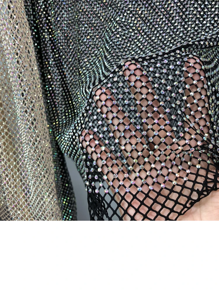 2023 Glittering Mesh Diamond HollowOut Jacket Sexy Long-Sleeved Turtleneck Cultivate one\'s Morality Shirt Party Women Top