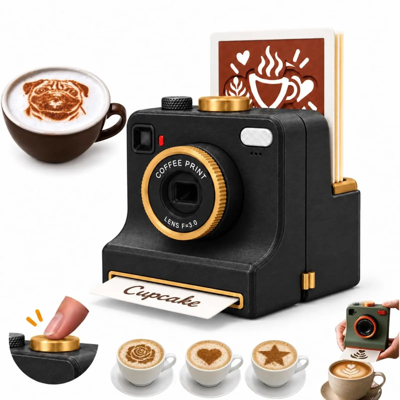 3D Printed Latte Art Camera One‑Touch Coffee Printer with 8 Stencil Cards Miniature Instant Camera DIY Coffee Stencils Latte Art