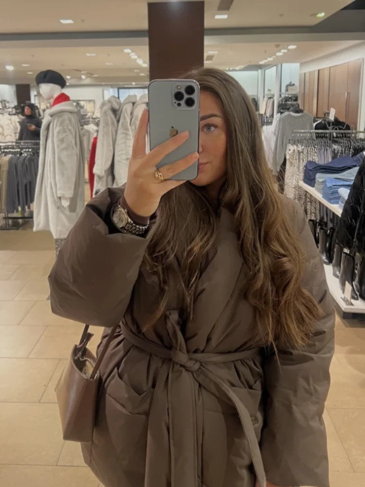 Warm Cotton-padded Lace Up Jacket Women Solid Full Sleeve Stand Collar Loose Jackets Female 2025 Autumn Thicken Outwear Lady New