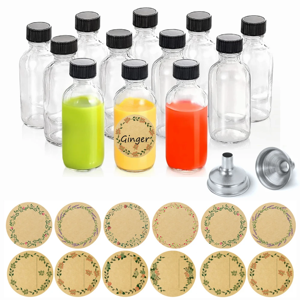 

2 oz Small Clear Glass Bottle with Lids, Mini Travel Boston Sample Bottles for Potion, Juice, Ginger Shots, Whiskey, 12pcs 60ml