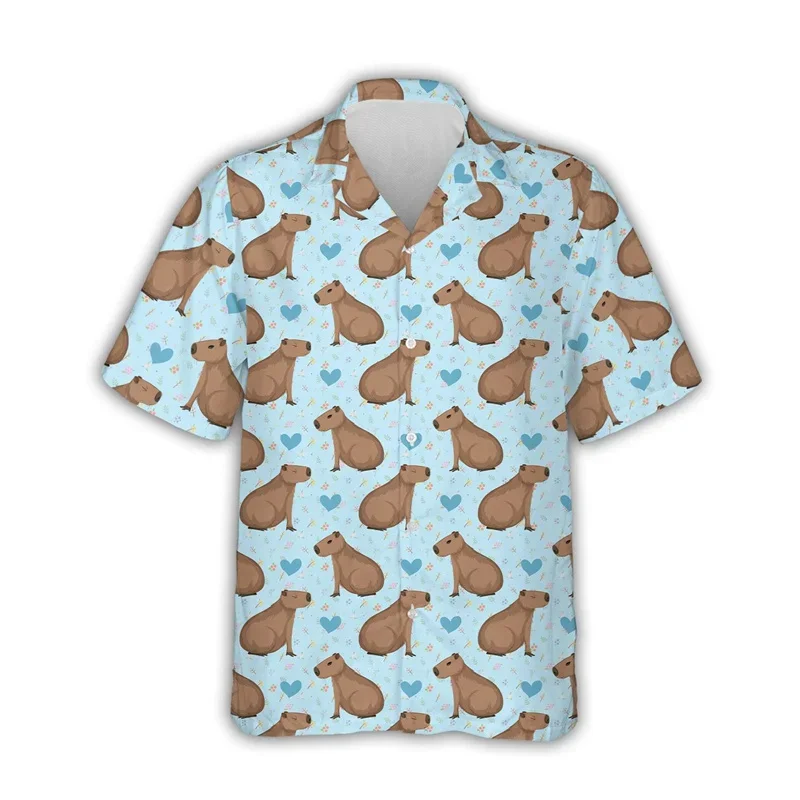 Kawaii Capybara Pattern Shirt Men\'s 3D Printed Hawaii Aloha Beach Men\'s Shirt Short Sleeve Cool Top Lapel Shirt