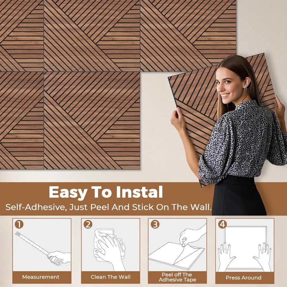 剥がして貼るだけの吸音壁パネル – 8枚入り 自己粘着式 木目調 防音パネル 23.6インチ x 23.6インチ 室内壁装飾用