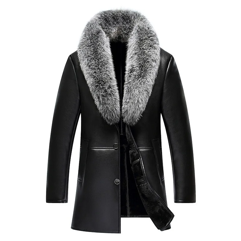 

Men's Coat With Snow Fox Fur Collar, Thickened Mid-Length Genuine Sheepskin Leather Jacket For Men