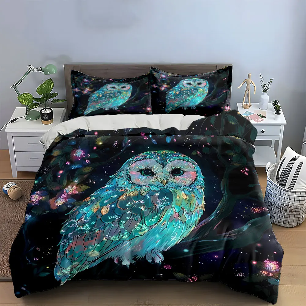 Glowing Owl Night Art Decor Bedding Set with 1 Duvet Cover 2 Pillowcases Single Double King Queen, Gift