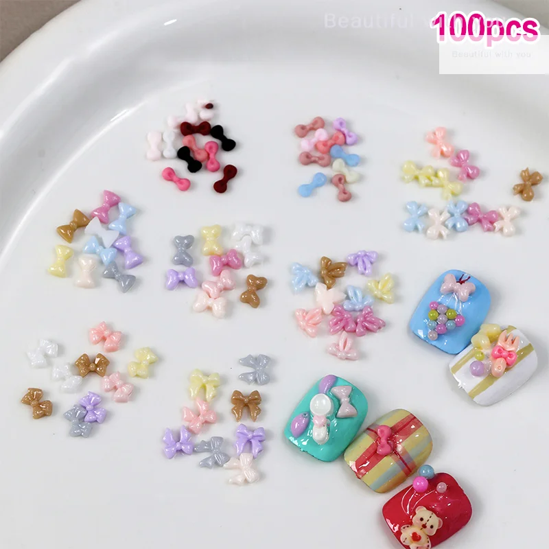 

100pcs Cute Bow Nail Charm Multi Colors Bows Nail Art Accessories Flatback Resin Rhinestones Nails Decor Parts