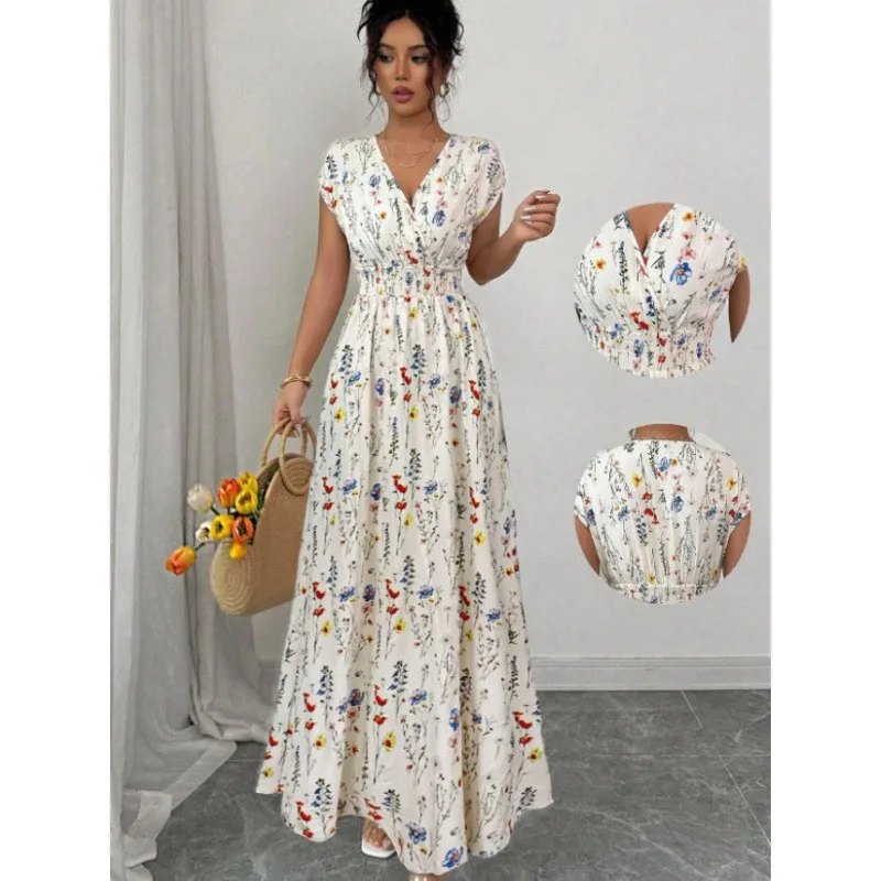 

Summer Woman Dress Floral Print V Neck Short Sleeve Dresses High Waist Maxi Dress Cream Floral A Line Elegant Women's Long