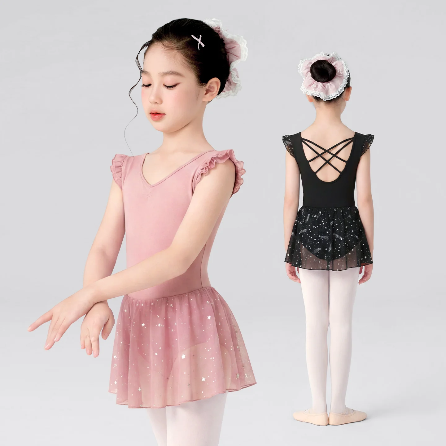 Justaucorps de ballet pour filles, justaucorps de danse pour enfants avec tutu, manches courtes, entrejambe fermé, body de ballet avec jupe, robe de danse de ballerine