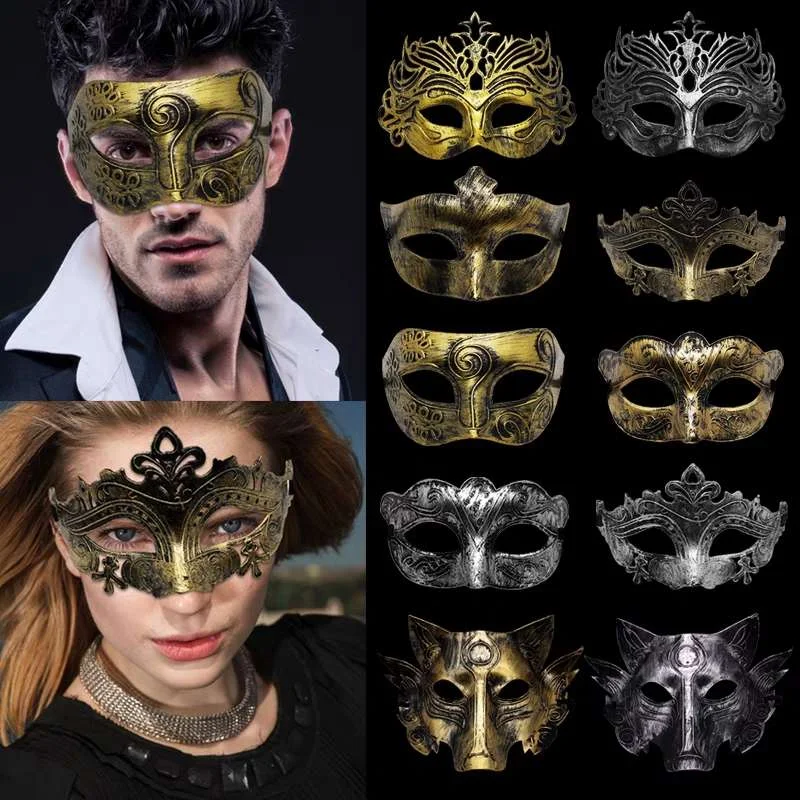 Retro Rome Men Knight Masks Halloween Party Mask Metal Half Face Facepiece Gothic Carved Lady Fashion Role Playing Costume Props