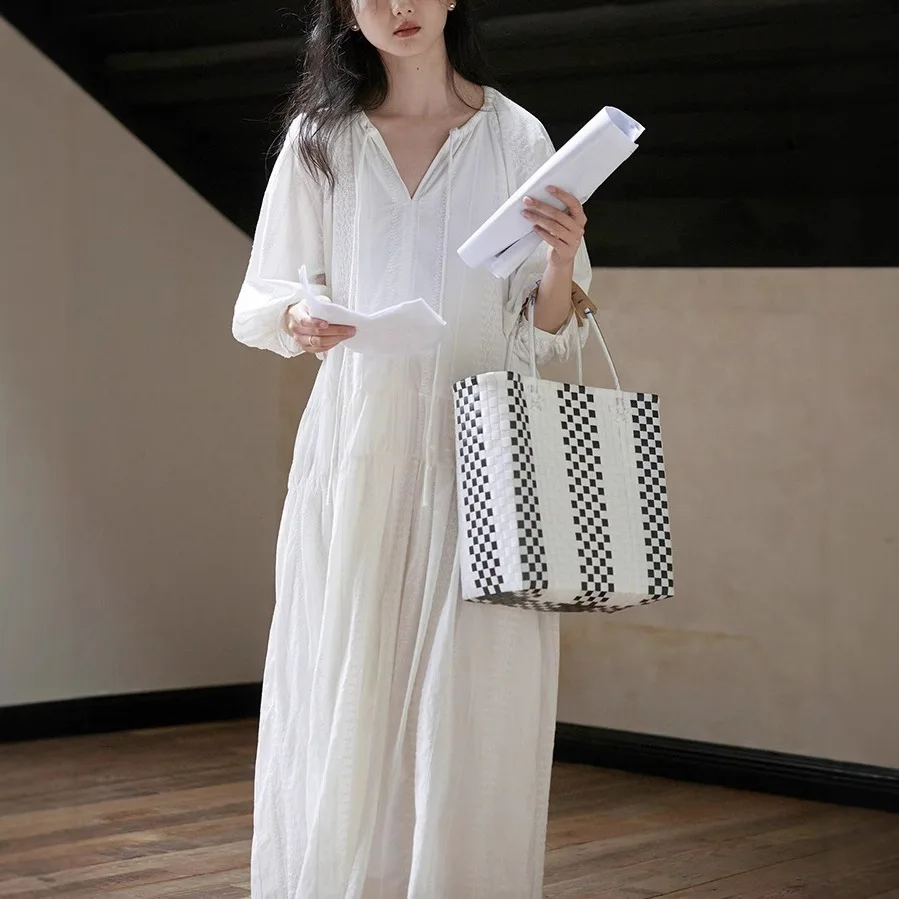 

Лето 2025 г., новое французское праздничное стильное женское длинное платье на шнуровке, простые однотонные женские свободные платья