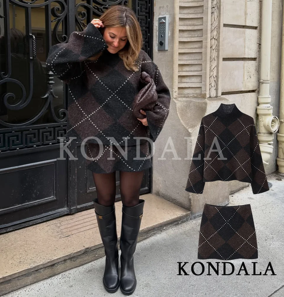 KONDALA Retro Elegant Rhombic Knitted Skirt Set Women Turtleneck Sweater, High Waist Skirt 2026 Spring Trendy High Street Set