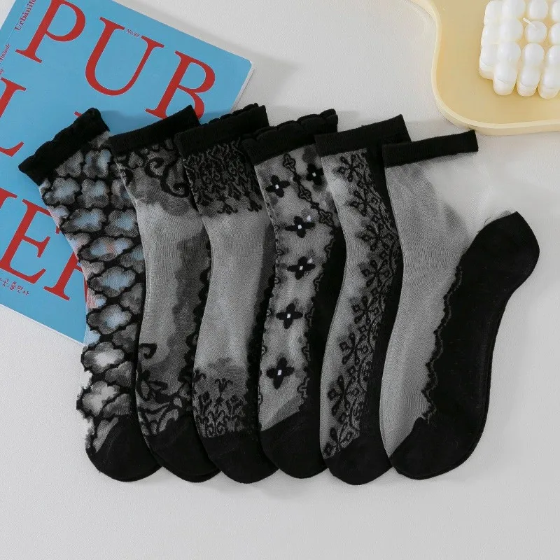 5/10 Paar Damen-Socken mit Spitze, mittlere Röhre, Kristall, Retro-Blumenmuster, Sommer, leicht, verschleißfest, atmungsaktiv, Freizeitsocken – Detail 8
