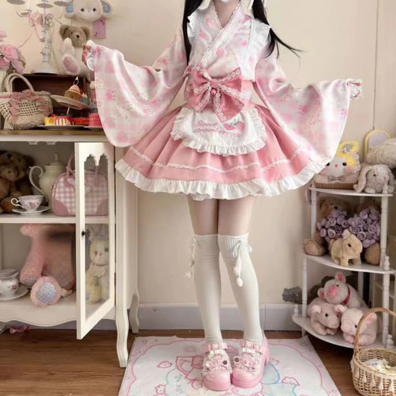 Sweet Lolita 3 Pieces Set Women Y2k Aesthetic Cartoon Print Lace Patch Tops + Kawaii Slim Ruffle Skirts+Bow Apron Girl Cute Suit