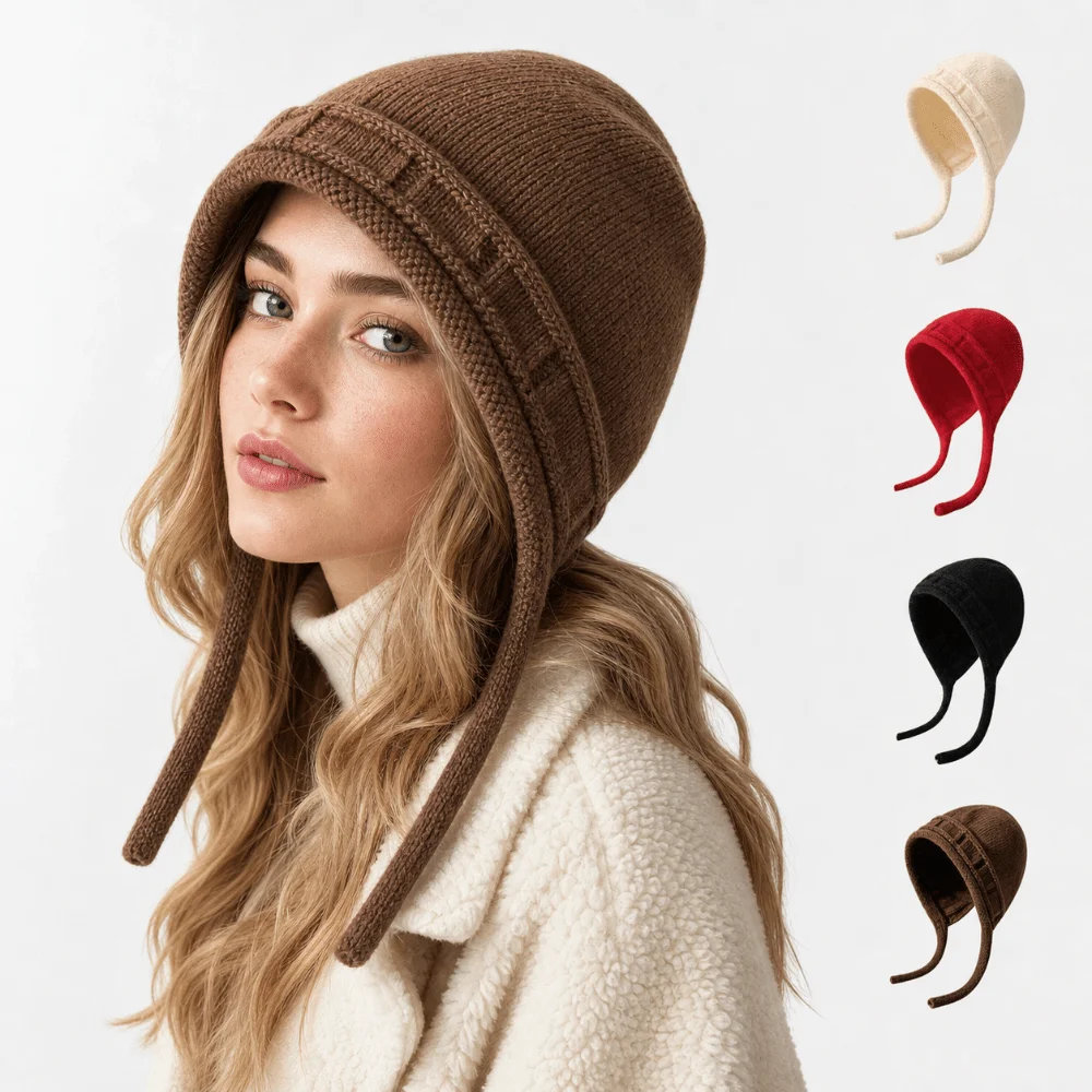 New Thickened Knitted Beanie Hat Ear Protection Windproof Pullover Ear Flap Cap Solid Color Cold-proof Woolen Hat Women