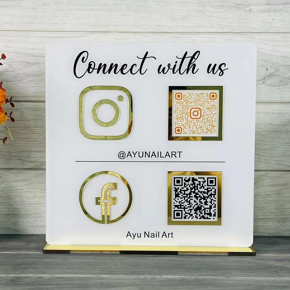 Custom 4 Icons Business Social Media QR Code Sign Beauty Studio Scan to Pay Acrylic Signs Instagram FB Scanning QR Code Plates