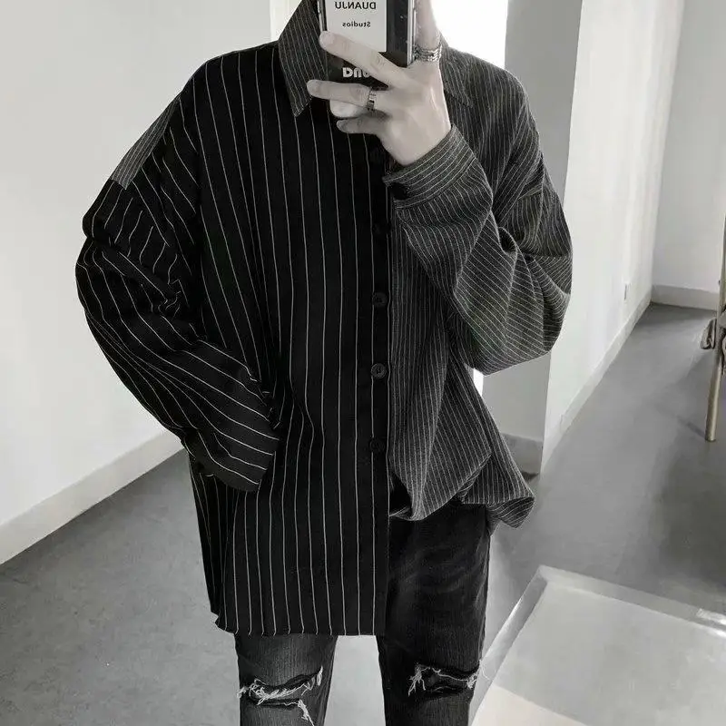 Spring Autumn New Fashion Turn-down Collar Long Sleeve Patchwork Contrast Color Striped Blouse Men's Clothing Casual Trend Shirt