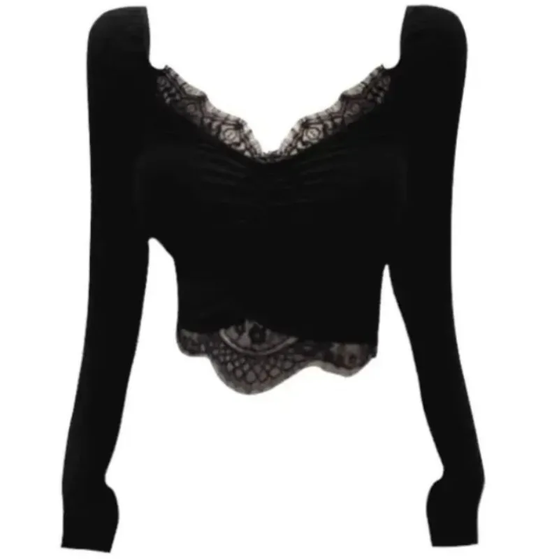 

Black V-neck Lace Splicing Horn-sleeved Bottoming Shirt Design Feeling Spice Girl Sexy Tight Long-sleeved Top Exquisite Casual