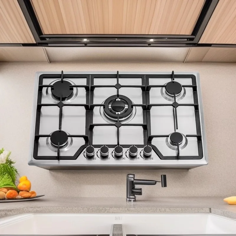 5 Burner Gas Stove, Stainless Steel Kitchen Cooktop, Built-in and Tabletop, Home Cooking Appliance