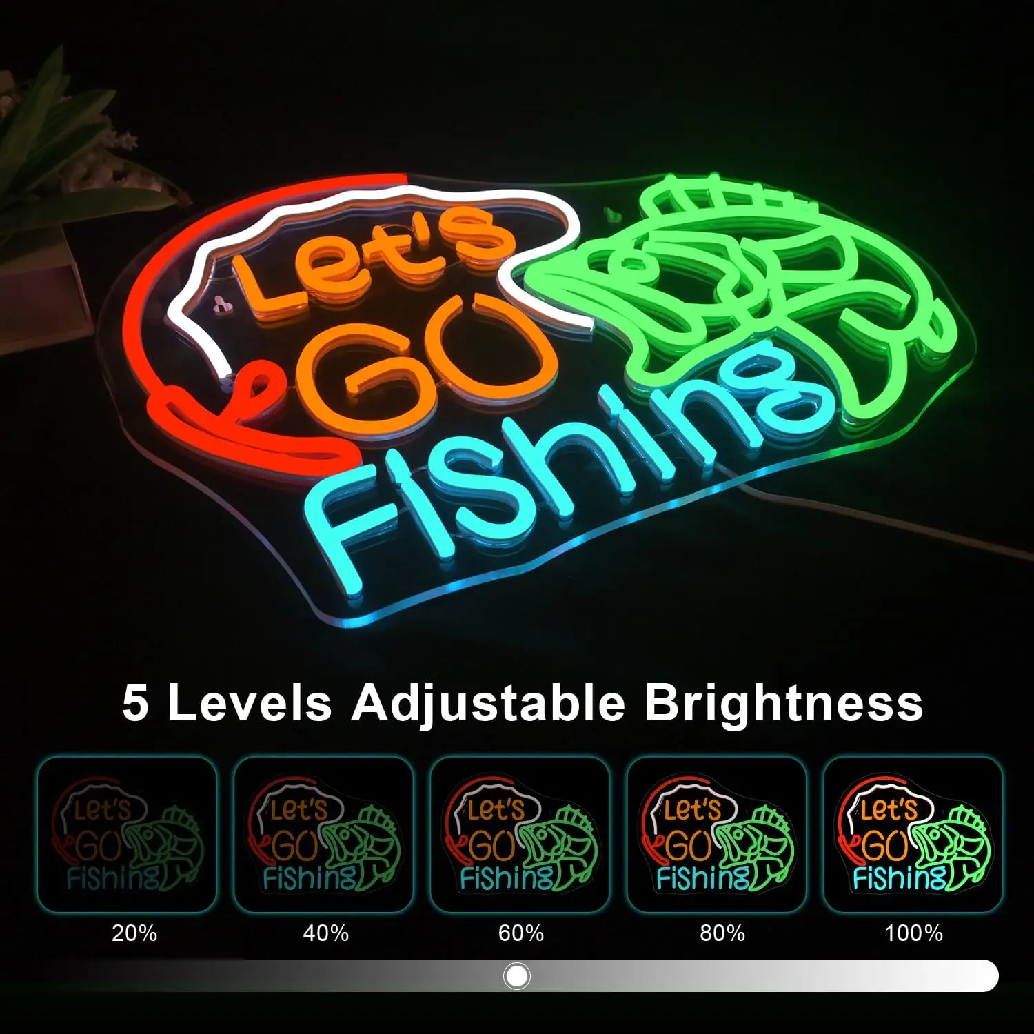 Lucunstar دعونا نذهب الصيد النيون جدار ديكور LED عكس الضوء ضوء النيون لصيد الأسماك نادي ديكور المنزل هدية حصرية للصيادين