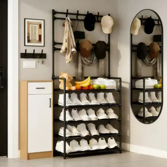 Multifunctional Storage Rack 5-Tier Freestanding Coat & Shoe Rack Entryway Shelf - Heavy-Duty Double Row Shoe Organizer