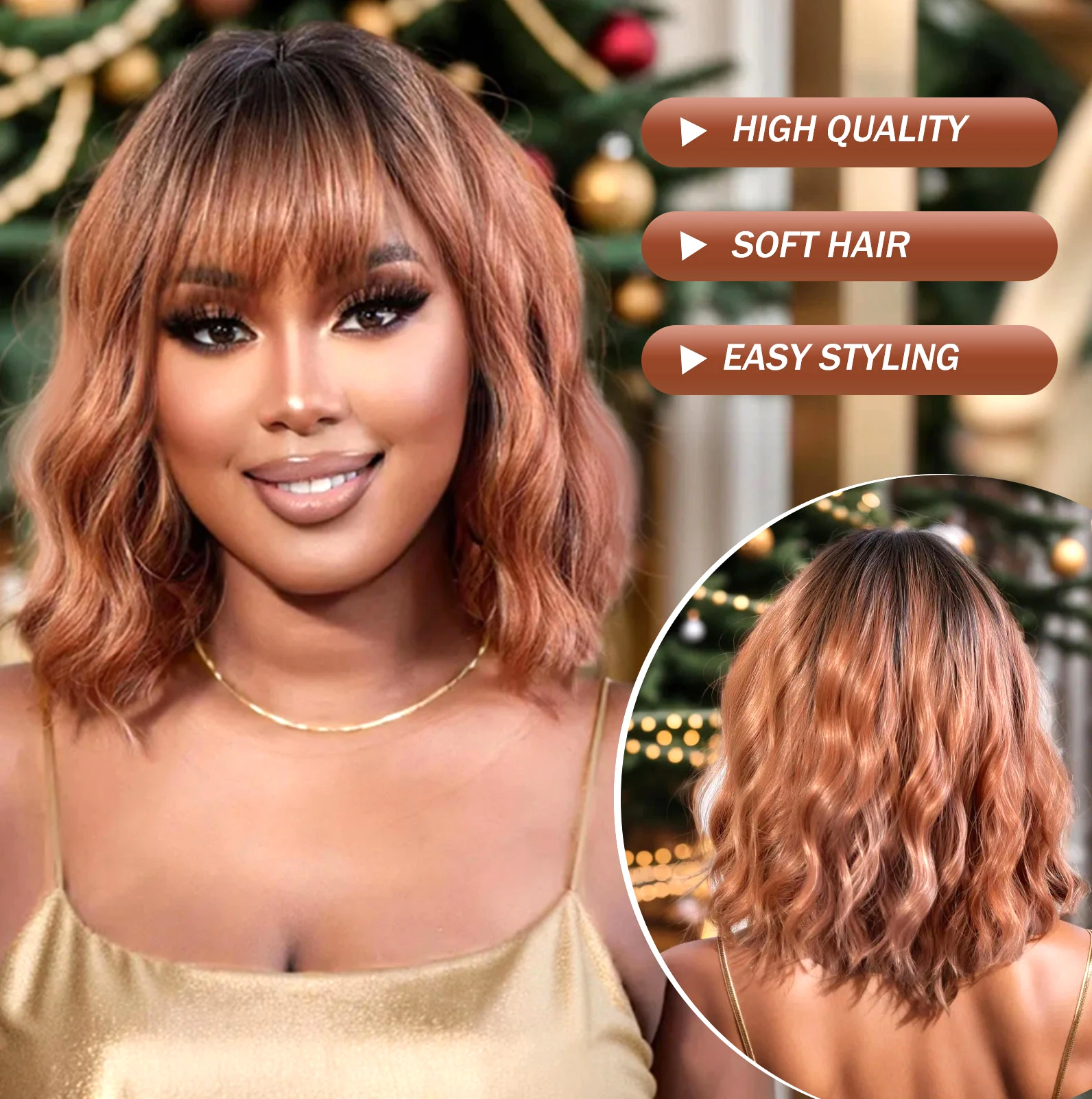 14-calowe krótkie syntetyczne peruki Bob Curly Wave Ombre Copper Blonde Color Hair Wigs With Bangs Replacement Wig For Women Daily Party