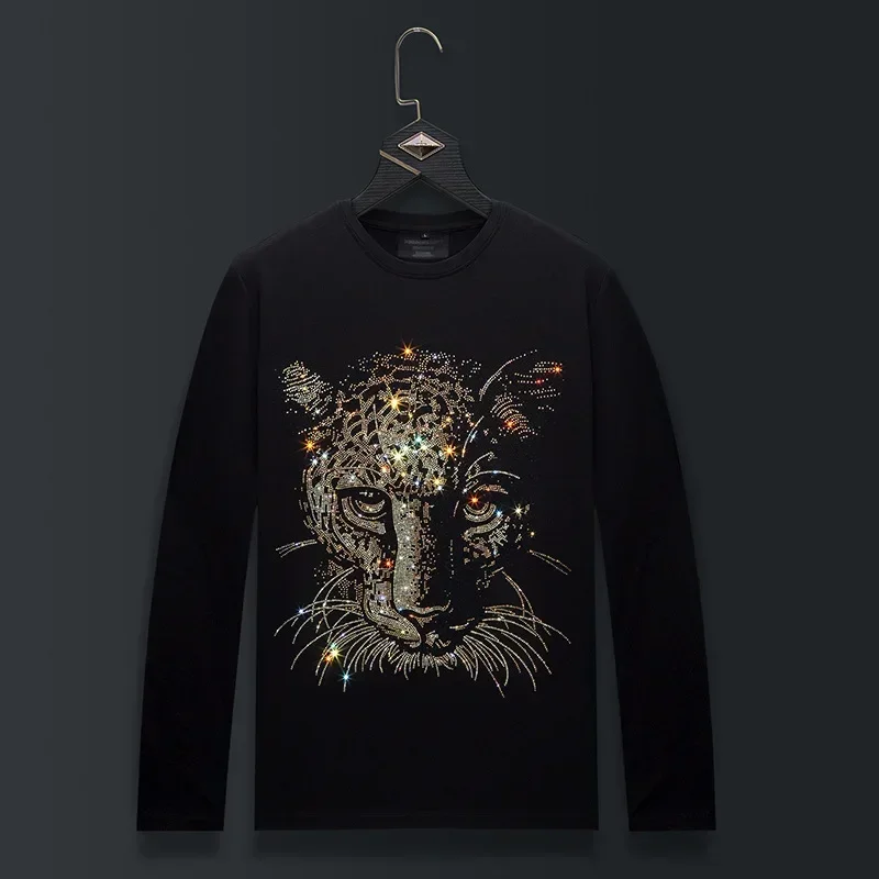 

Plus Size Rhinestones Leopard T Shirts Men Top Fashion Streetwear O Neck Long Sleeve Slim Modal Cotton Tshirts Mens Clothing