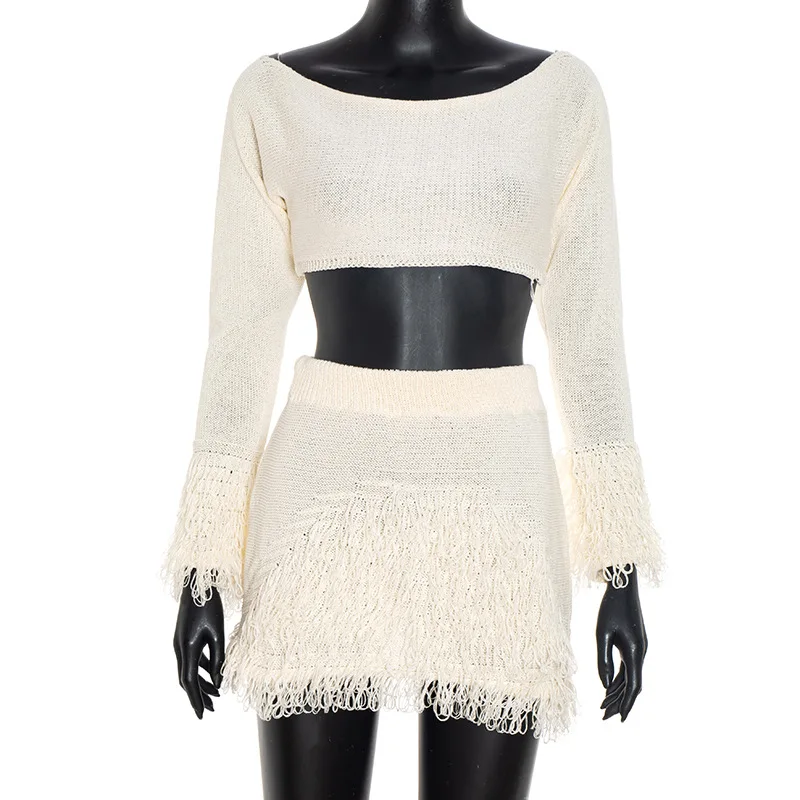 STYLISH LADY Knitted Tassel 2 Piece Set Women Long Sleeve Crop Top and Mini Skirt Suits 2025 Autumn Sexy Club Party Outfits