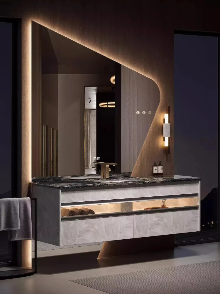 

French light luxury oak bathroom cabinet combination American bathroom natural luxury stone washstand