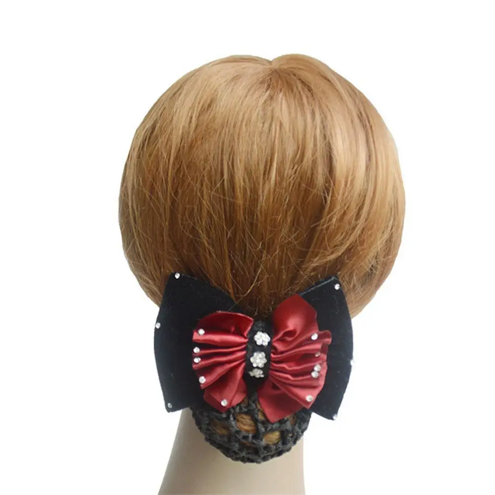 Hot Sale Bow Lady Rhinestone Barrette Hair Clip Cover Net Bun Snood Hair Accessories Bowknot