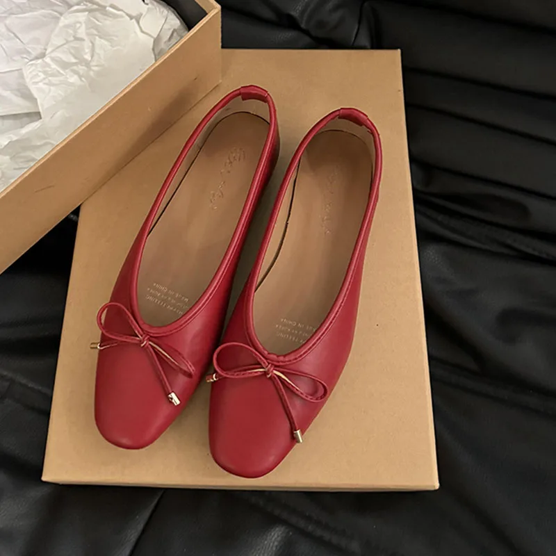 2024 Spring New Red Women Flat Fashion Round Toe Bow-knot Slip On Ballerinas Shoes Soft Flat Ladies Casual Dress Ballet Sh