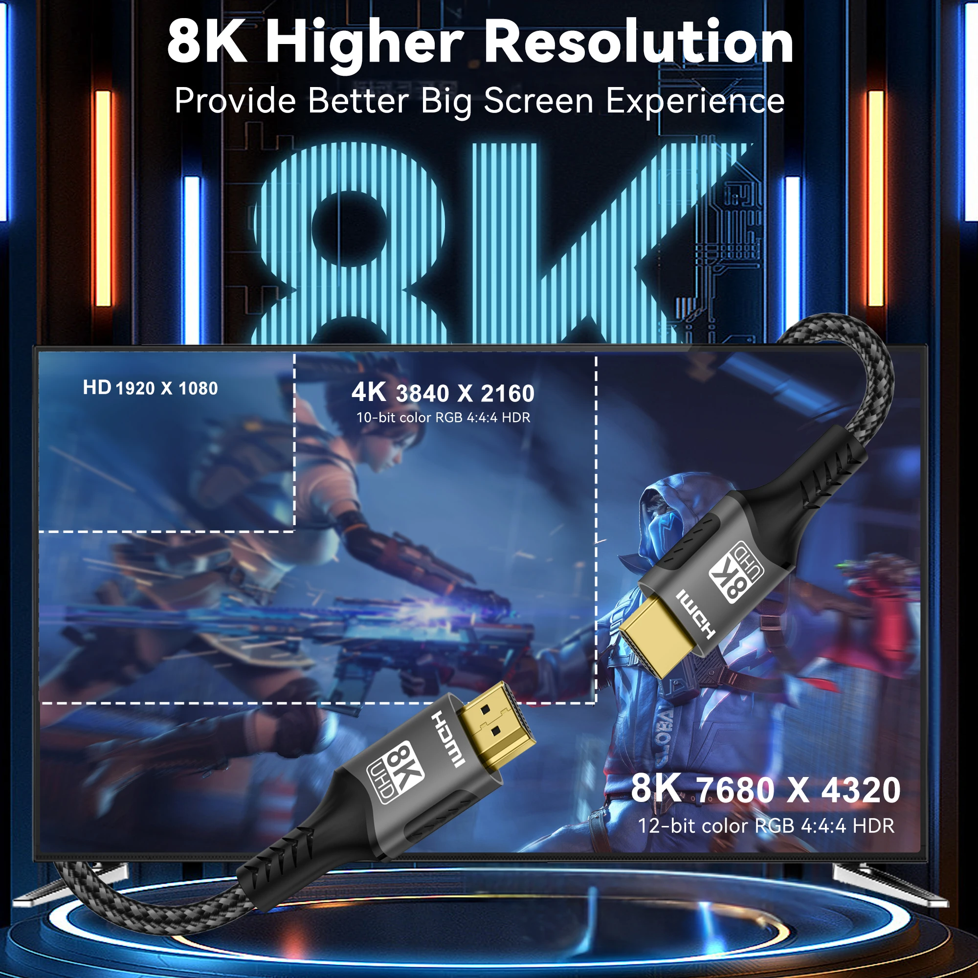 كابل 8K HDMI 2.1 فائق السرعة يدعم 8K@60 هرتز 4K@120 هرتز كابل متين مضفر من النايلون لأجهزة الكمبيوتر المحمول المتوافقة/PS5 Xbox HDTV