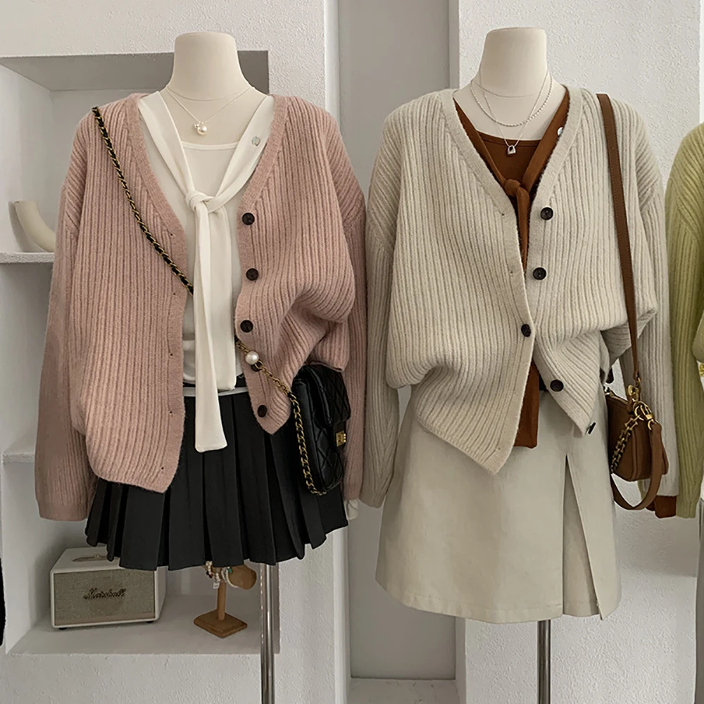 Frauen Solide Gestreiften Pullover Strickjacken Herbst Einfache V-ausschnitt Einreiher Lose Stricken Outer Weiche Alle-Spiel Pullover 18-24Y