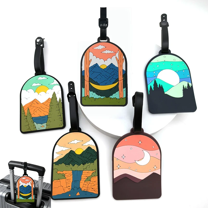 Gepäckanhänger für Koffer, Gepäckanhänger mit Berg- und Baum-Sonnenuntergang-Landschaft, Identifikationsanhänger für Reisen, Reisetasche mit Datenschutz