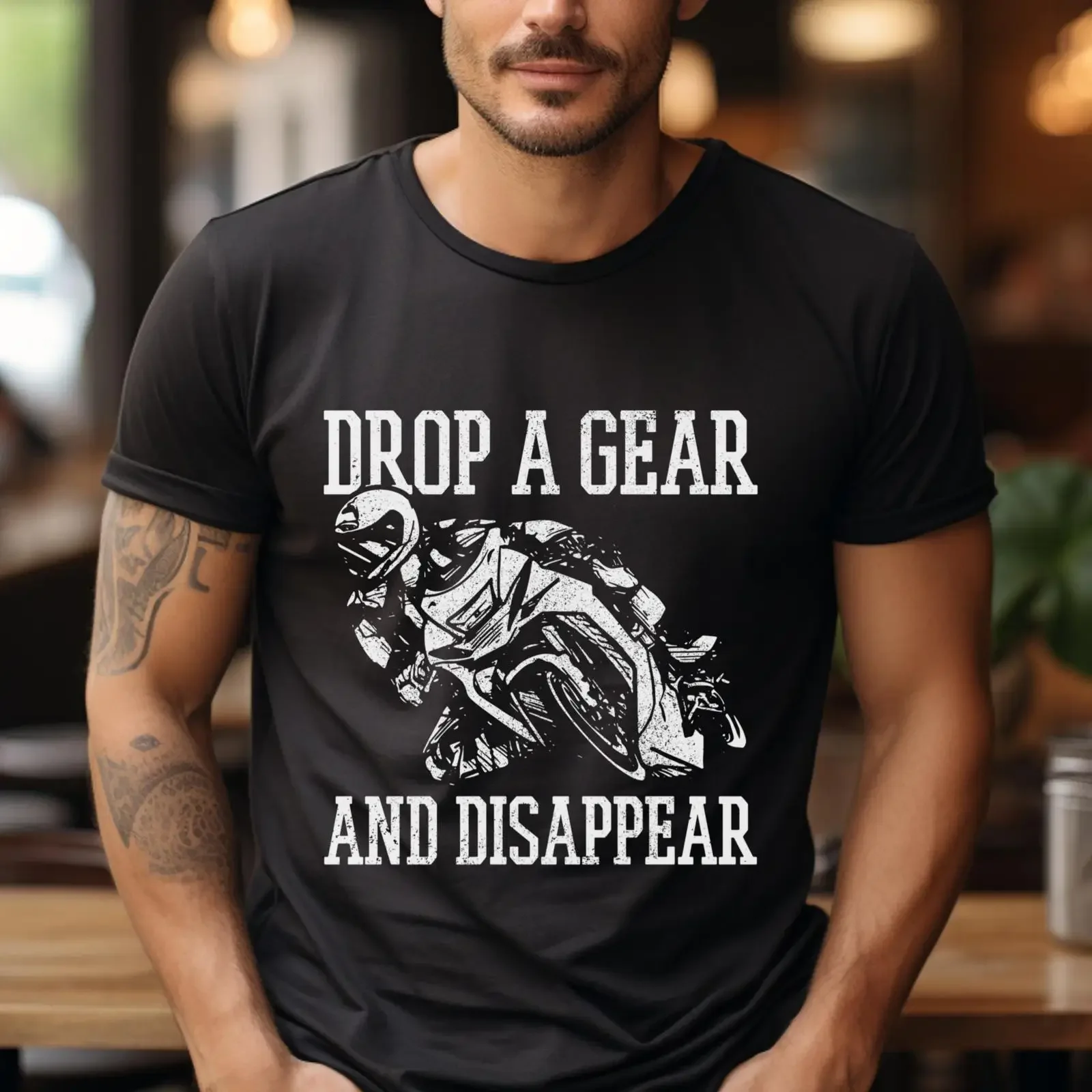 Drop A Gear And Disappear Motorcycle Racing T Shirt Men's Street Sportbike Motorbike Rider  vintage Washed