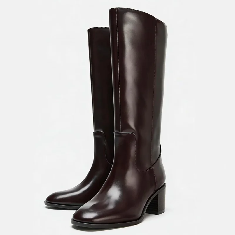 

Винтажные коричневые мягкие кожаные сапоги до колена для женщин, с оригинальным лоскутным дизайном, на массивном каблуке, в стиле кавалеристских сапог, модные, с круглым носком, высокие сапоги